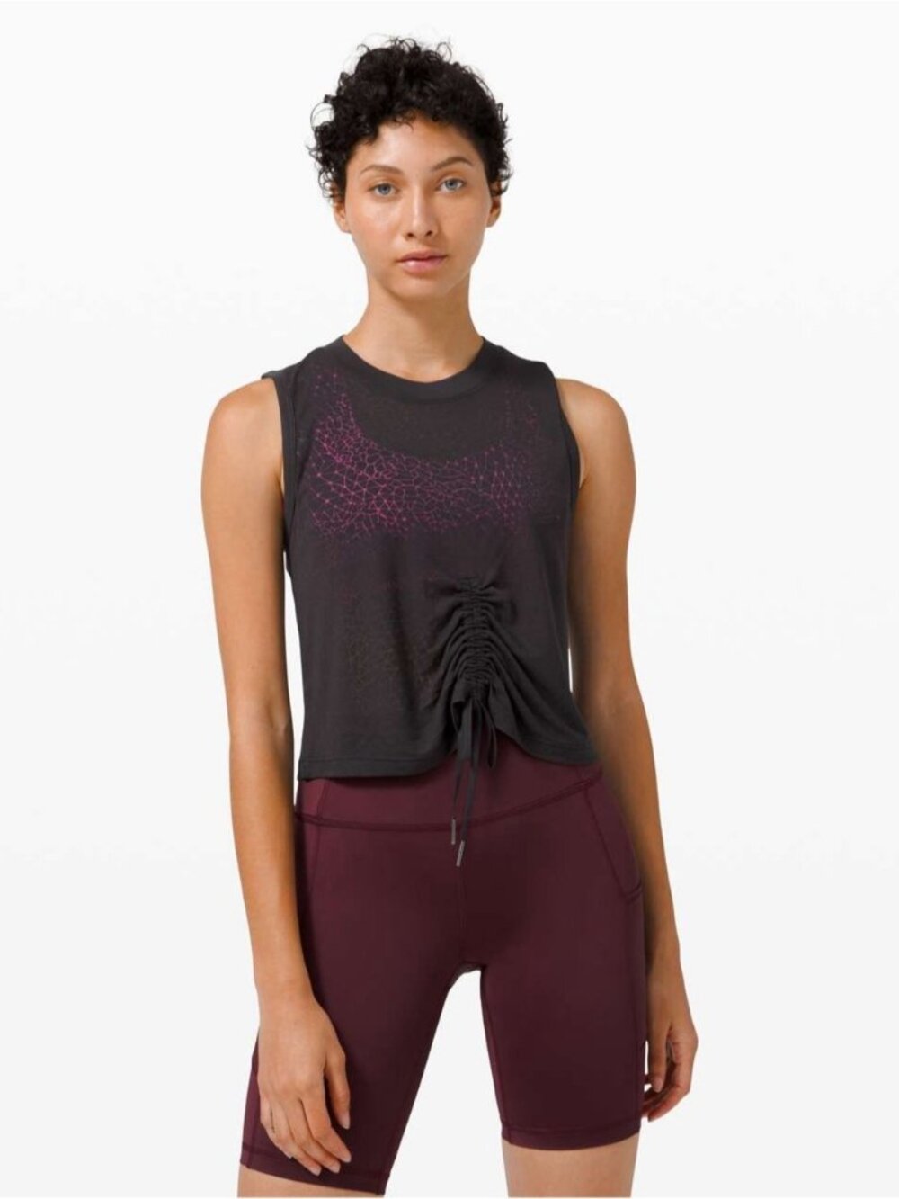 Lululemon Cinch Me Up Front Tank *Veil Black Semi Sheer Geometric crew top sz 6